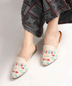 Women's Ethnic Back Open Mules & Slip-On Wedge Flats - Winter Half Shoes Party Footwear - Cream