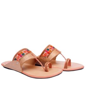 Kolhapuri Chappal for Women Stylish, Flat Fashion Sandals & Ethnic Slippers for Girls - Peach