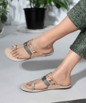 Womens Kolhapuri Chappal & Fashion Flat Sandals, Ethnic Slippers for Girls - Grey