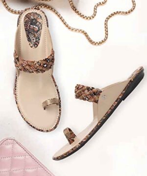 Kolhapuri Women Stylish Ethnic Flat Sandals Slippers for Girls - Tan