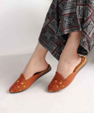 Women's Ethnic Back Open Mules & Slip-On Wedge Flats - Winter Half Shoes Party Footwear - Tan