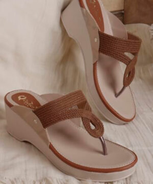 Women Wedge Heel Kolhapuri Sandals, Slip-On Casual Slippers for Girls - Brown