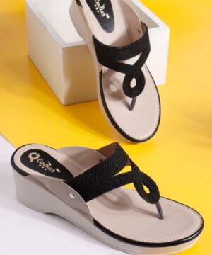 Women Wedge Heel Kolhapuri Sandals, Slip-On Casual Slippers for Girls - Black