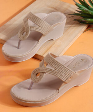 Women Wedge Heel Kolhapuri Sandals, Slip-On Casual Slippers for Girls - Beige