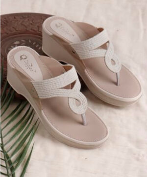 Women Wedge Heel Kolhapuri Sandals, Slip-On Casual Slippers for Girls - White