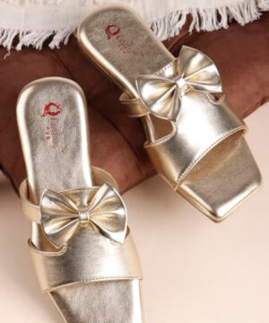 Stylish Women's Open Toe Flat Sandals & Fancy Slip-On Slippers with Soft Cushioned Footbed, Bow Tie Design - Golden