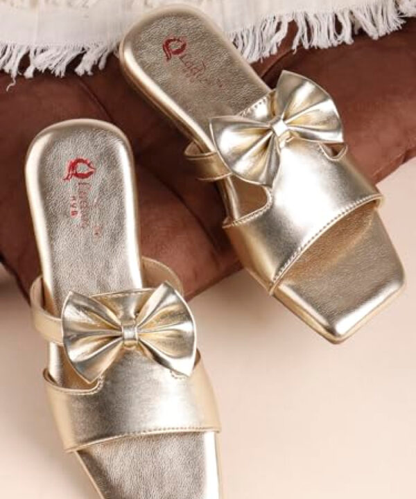 Fancy Slip-On Slippers with Bow Tie Design - Golden-1256
