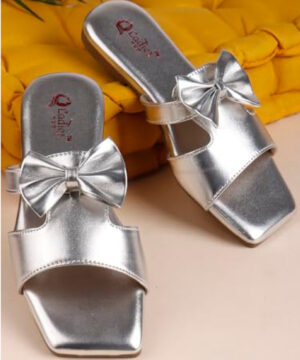 Stylish Women's Open Toe Flat Sandals & Fancy Slip-On Slippers with Soft Cushioned Footbed, Bow Tie Design - Silver