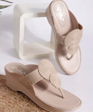 Women's Wedge Sandals, Platform Heels with Comfort Footbed Kolhapuri Design Slip-on Slippers Girls  - Beige