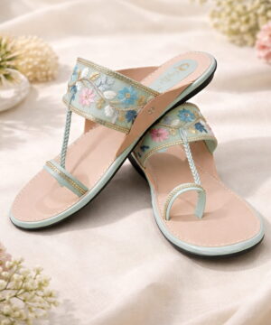 Kolhapuri Chappal for Women Stylish, Slip-on Sandals, Flat Fancy Braided Ethnic Ladies Slippers - Sea Green