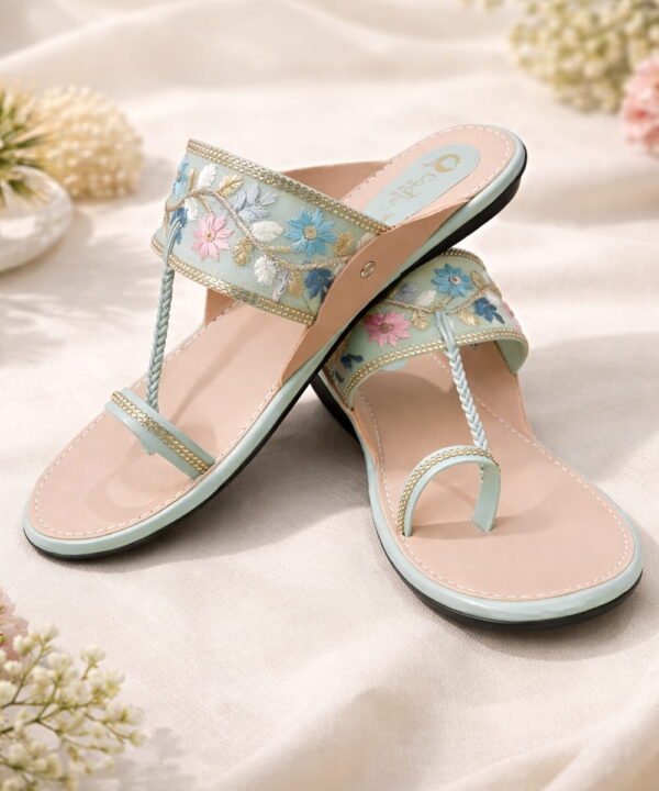 Flat Fancy Braided Ethnic Ladies Slippers - Sea Green-49 Flat Fancy Braided Ethnic Ladies Slippers - Sea Green-49