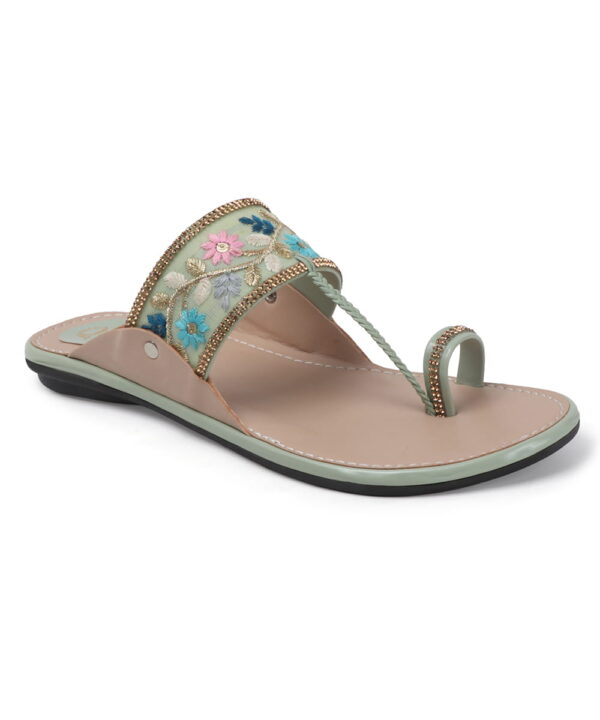 Flat Fancy Braided Ethnic Ladies Slippers - Sea Green-55 Flat Fancy Braided Ethnic Ladies Slippers - Sea Green-55