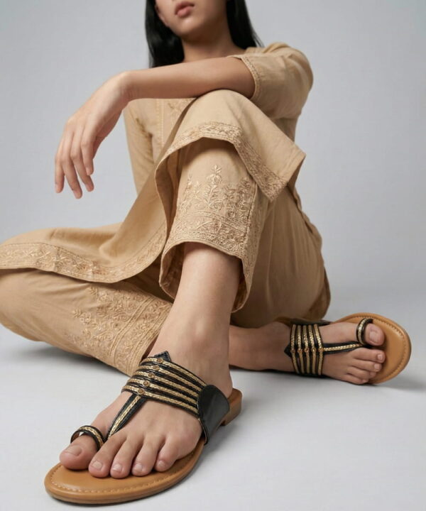 Kolhapuri Chappal for Women Stylish Footwear-Black-Beige-106