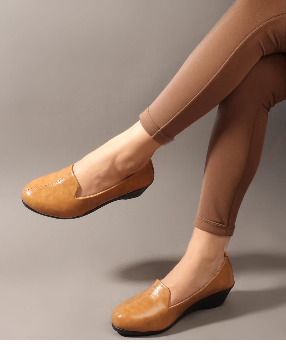 Women’s Wedge Heel Formal Shoes, Comfortable Slip-On Loafers Moccasins & Bellies Without Laces – Beige