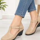 T-Bar Comfortable Low Heel Platform Footwear With Velcro Strap - Beige-185