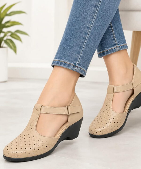 T-Bar Comfortable Low Heel Platform Footwear With Velcro Strap - Beige-185