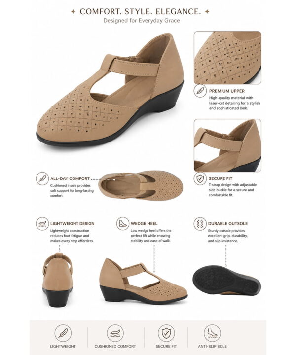 T-Bar Comfortable Low Heel Platform Footwear With Velcro Strap - Beige-186