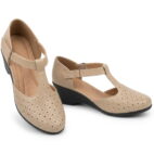 T-Bar Comfortable Low Heel Platform Footwear With Velcro Strap - Beige-187
