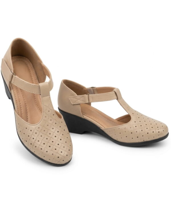 T-Bar Comfortable Low Heel Platform Footwear With Velcro Strap - Beige-187