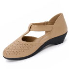 T-Bar Comfortable Low Heel Platform Footwear With Velcro Strap - Beige-189