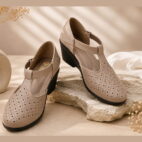 T-Bar Comfortable Low Heel Platform Footwear With Velcro Strap - Beige-190