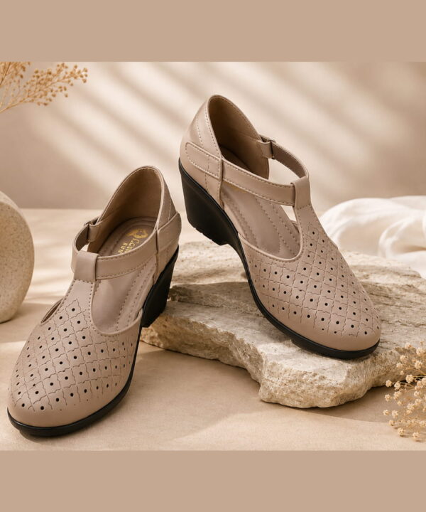 T-Bar Comfortable Low Heel Platform Footwear With Velcro Strap - Beige-190