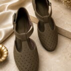T-Bar Comfortable Low Heel Platform Footwear With Velcro Strap - Olive