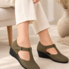 T-Bar Comfortable Low Heel Platform Footwear With Velcro Strap - Olive-177