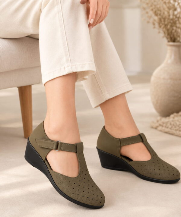 T-Bar Comfortable Low Heel Platform Footwear With Velcro Strap - Olive-177
