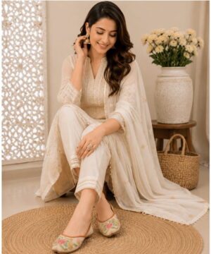 Punjabi Ethnic Flats Embroidered Slip On Wedding Party Casual Shoes – Beige-239