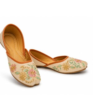 Juttis Mojaris for Women Stylish Punjabi Ethnic Flats Embroidered Slip On Wedding Party Casual Shoes - Beige