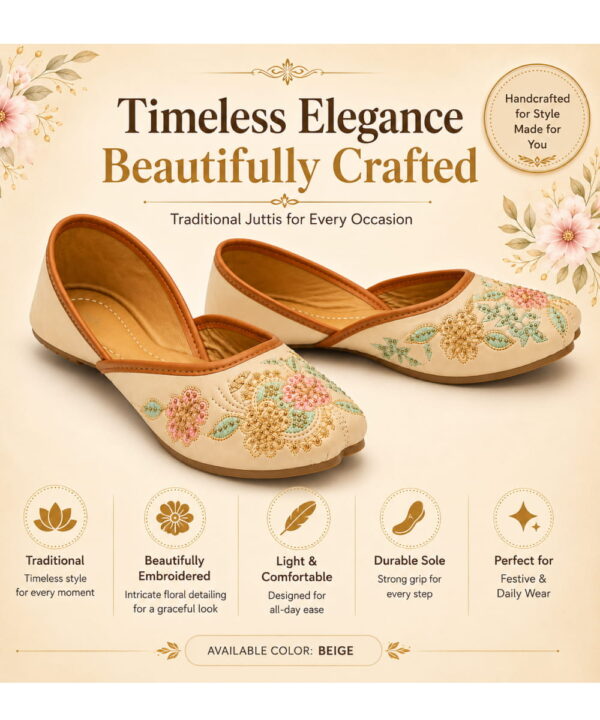Punjabi Ethnic Flats Embroidered Slip On Wedding Party Casual Shoes - Beige-241 Punjabi Ethnic Flats Embroidered Slip On Wedding Party Casual Shoes - Beige-241