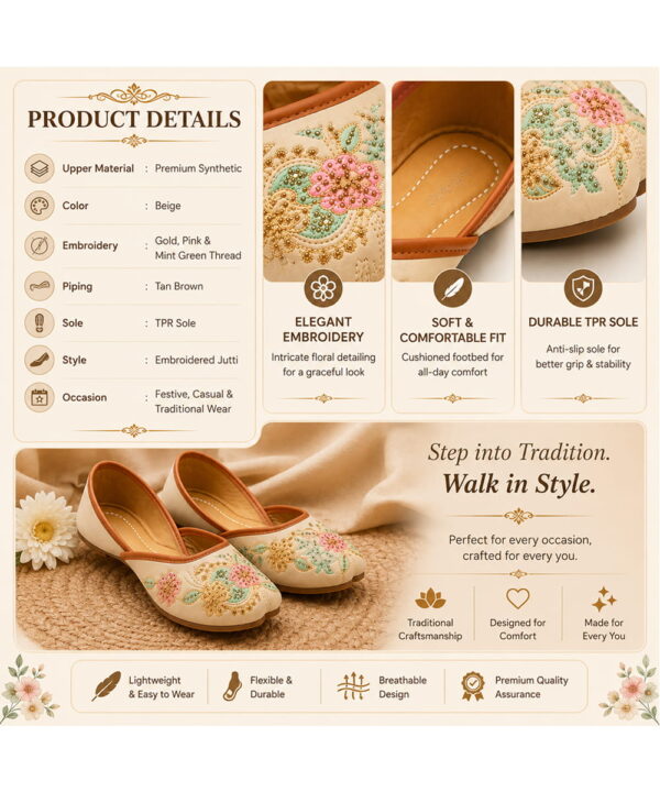 Punjabi Ethnic Flats Embroidered Slip On Wedding Party Casual Shoes - Beige-244 Punjabi Ethnic Flats Embroidered Slip On Wedding Party Casual Shoes - Beige-244